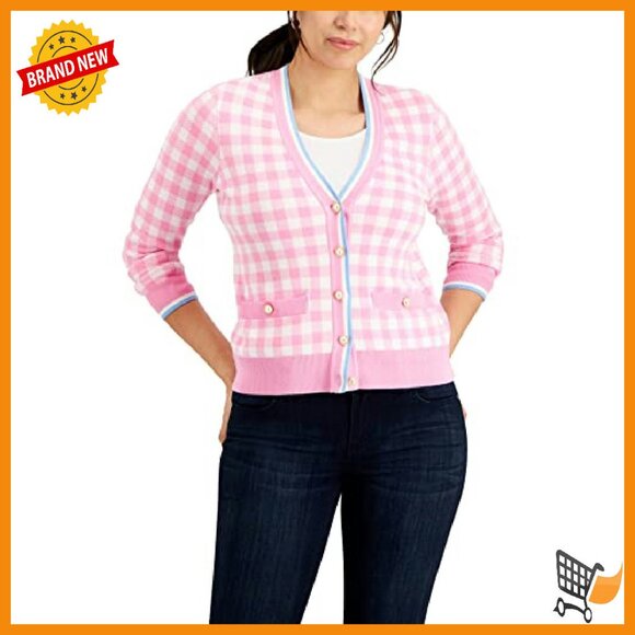 Fitted Gingham Cardigan Women's Medium Hip Length Layering Piece